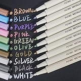 PuTwo Metallic Markers, 10 Assorted Colors, Fine Tip, Waterproof, Metallic Calligraphy Marker, Multi Surfaces
