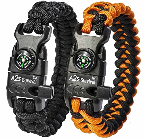 A2S Protection Paracord Bracelet K2-Peak â€“ Survival Gear Kit with Embedded Compass, Fire Starter, Emergency Knife & Whistle (Black / Orange 7.5" for Kids)