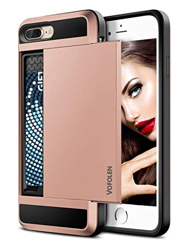 Vofolen Case for iPhone 7 Plus Case Wallet Card Holder Sliding Cover ID Slot Hidden Pocket Dual Layer Protective Hard Shell Soft TPU Rugged Bumper Armor Tough casing for iPhone 7 Plus 8 Plus Rose Gold