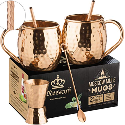 Moscow Mule Copper Mugs Set of 2 â€“ Moscow Mule Gift Set for 7th Aniversary Wedding. Copper Jigger, Twisted Copper Straws, Copper bar Spoon Come with 2x16 oz Copper Mugs. Complete Moscow Mule kit.