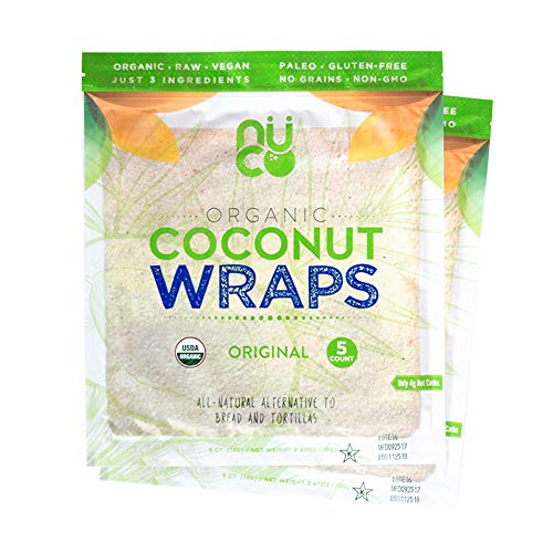 Book Cover NUCO DUO Certified Organic, All Natural, Paleo, Gluten Free, Vegan Non-GMO, Kosher Raw Veggie NUCO Coconut Wraps. NO Salt Added Low Carb and Yeast Free 10 Count Various Quantities