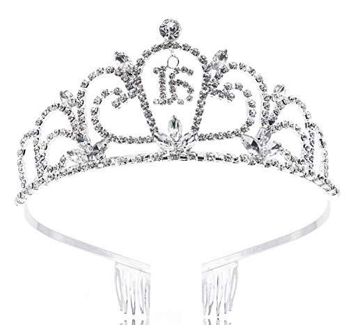 Bienvenu Women's Sweet 16 Birthday Tiara With Loops, Crystal Rhinestone Crown, Silver