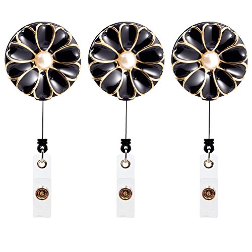 Qinsuee Retractable Badge Holder, ID Badge Reel with Pearl, 3 Pack (Black)