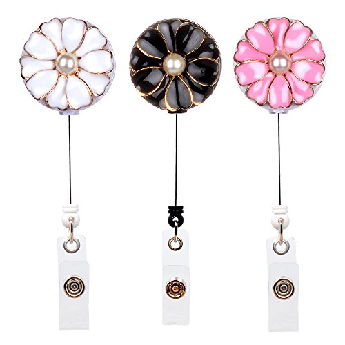 Qinsuee Retractable Badge Holder with Alligator Clip, 24 inch Retractable Cord, ID Badge Reel with Pearl, 3 Pack (Multiple)