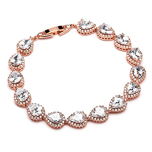 Mariell 14K Rose Gold Plated Pear-Shaped Halo Cubic Zirconia Bridal Tennis Bracelet Wedding Jewelry