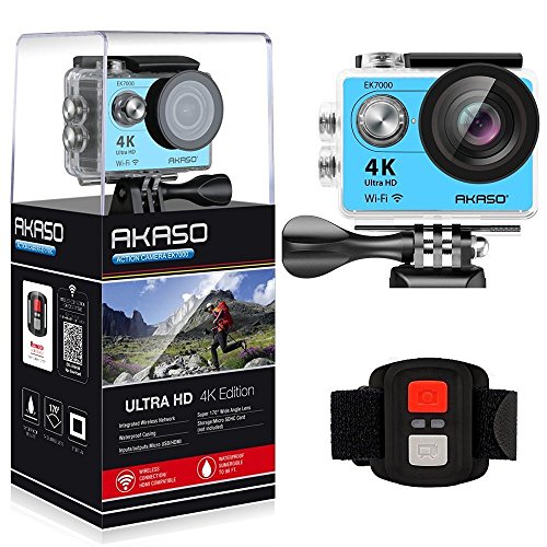 AKASO 4K Wi-Fi Sports Action Camera Ultra HD Waterproof DV Camcorder 12MP 170 Degree Wide Angle LCD Screen/Remote, Royal Blue (EK7000BL)