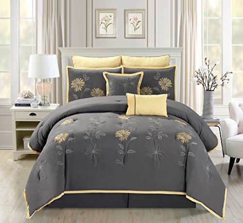 Grand Linen 7 Piece Modern Oversize Grey/Yellow Sunflower Embroidered Comforter Set King Size Bedding