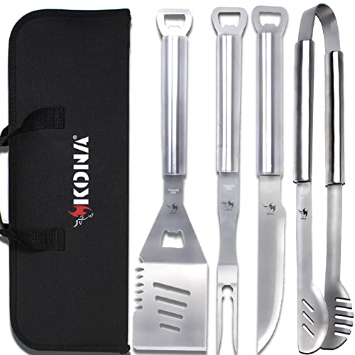 Kona BBQ Grill Tools Set with Case - Long Handles Keep Hands Away from Heat, Premium Stainless Steel Grilling Utensils with Bottle Opener Handles - Makes A Great Gift