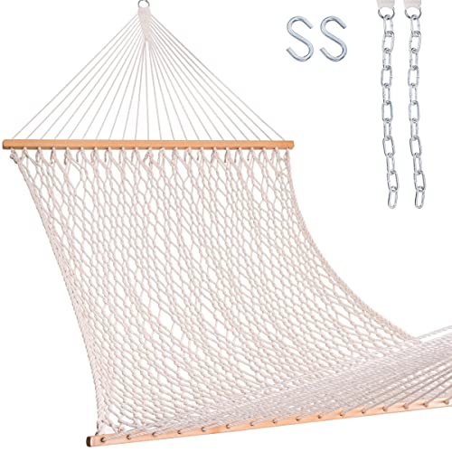 Lazy Daze 13FT Double Rope Hammocks, Traditional Hand Woven Cotton Hammock with Hardwood Spreader Bar for Outdoor, Indoor, Patio, Yard, Poolside for Two Person, Max 450 Lbs, Natural
