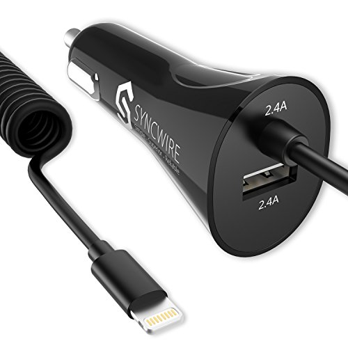 iPhone Car Charger - Syncwire 4.8A/24W USB Car Charger Adapter with Coiled MFI Lightning Cable for iPhone Xs, Max, XR, X, 8, Plus, 7, Plus, 6S, Plus, Ipad & More - Black