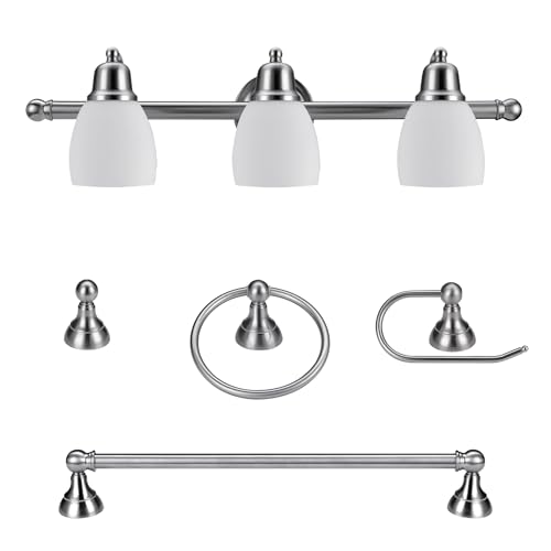 Globe Electric 51229 Jayden 5-Piece All-in-One Bathroom Set, Satin Nickel, 3-Light Vanity Light with White Opal Glass Shades, Towel Bar, Toilet Paper Holder, Towel Ring, Robe Hook