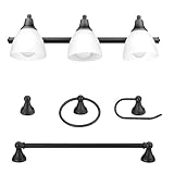 Globe Electric 51227 Jayden 5-Piece All-In-One Bathroom Set, Oil Rubbed Bronze, 3-Light Vanity Light with Frosted Glass Shades, Towel Bar, Toilet Paper Holder, Towel Ring, Robe Hook, Bulb Not Included