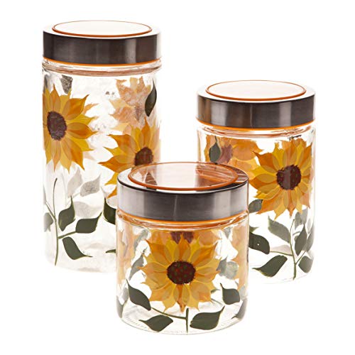 Book Cover Walter Drake Sunflower Canisters, Set of 3 in Different Sizes, Clear Glass with Painted Design & Metal Lids