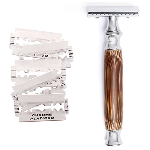 Wowe Lifestyle Double Edged Safety Razor with Long Natural Bamboo Wood Handle, Experience A Better Shave, Includes 5 Blades, Eco Friendly Grooming for Men and Women… (Silver)