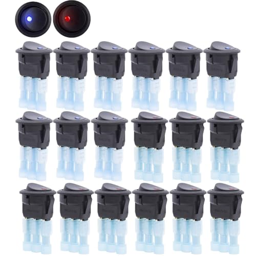 Gadgeter 20 Pcs DC 12V 20A Amps SPST On/Off/ 2 Position Terminal Round Rocker LED Toggle Switch Blue & Red with 60pcs Nylon Female Fully-Insulated Quick Disconnects Car Auto Boat Snap Switch