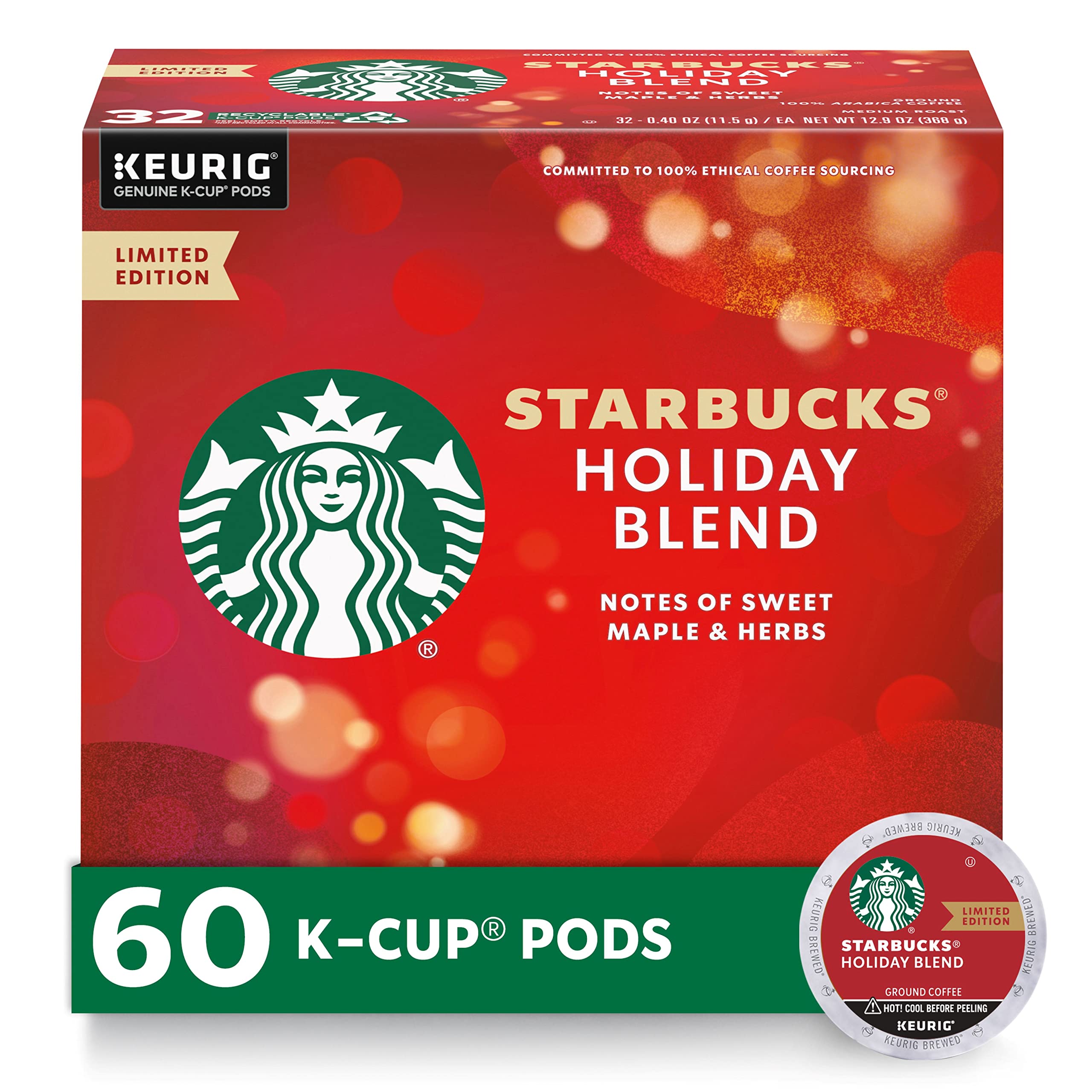 Starbucks Holiday Blend Medium Roast Coffee Single-Cup Coffee for Keurig Brewers, Herbal & Sweet Maple Notes, 10 Count (Pack of 6) NEW! Holiday 60 Count (Pack of 6)