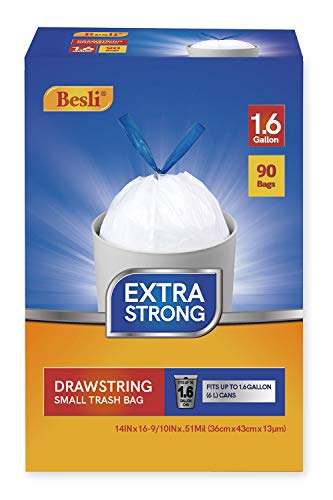Besli 1.6 Gallons DrawString Strong Trash Bag Garbage Bag (90 Bags, White)