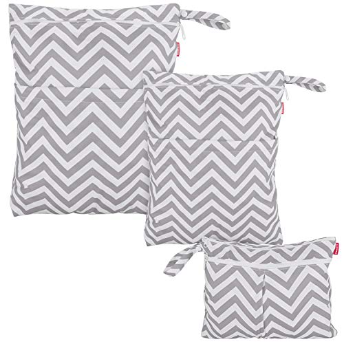 Damero 3pcs Travel Wet and Dry Bag Organizer with Handle for Cloth Diaper, Pumping Parts, Swimsuit and More, Easy to Grab and Go, Gray Chevron