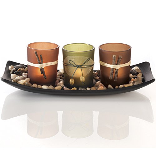 Book Cover Dawhud Direct Natural Candlescape Set, 3 Decorative Candle Holders, Rocks and Tray