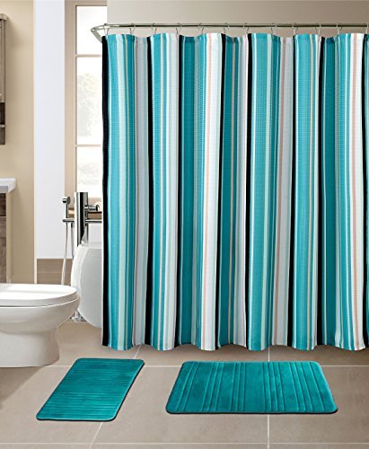 Book Cover All American Collection 15-Piece Bathroom Set with 2 Memory Foam Bath Mats and Matching Shower Curtain | Designer Patterns and Colors