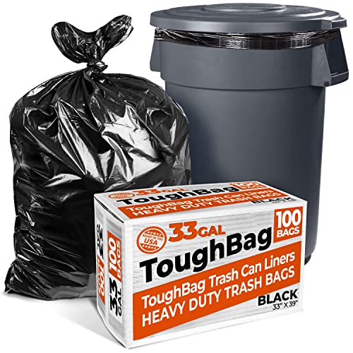 ToughBag 33 Gallon Trash Bags, 33 x 39” Black Garbage Bags (100 COUNT) – Outdoor Industrial Garbage Can Liner for Custodians, Landscapers, Lawn Bags - Made In USA