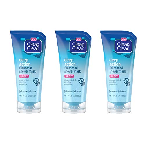 Clean & Clear Deep Action Exfoliating 60-Second Shower Face Mask, Deep Cleansing In-Shower Steam Facial Mask, Oil-Free & Non-Comedogenic, 5 oz (Pack of 3)