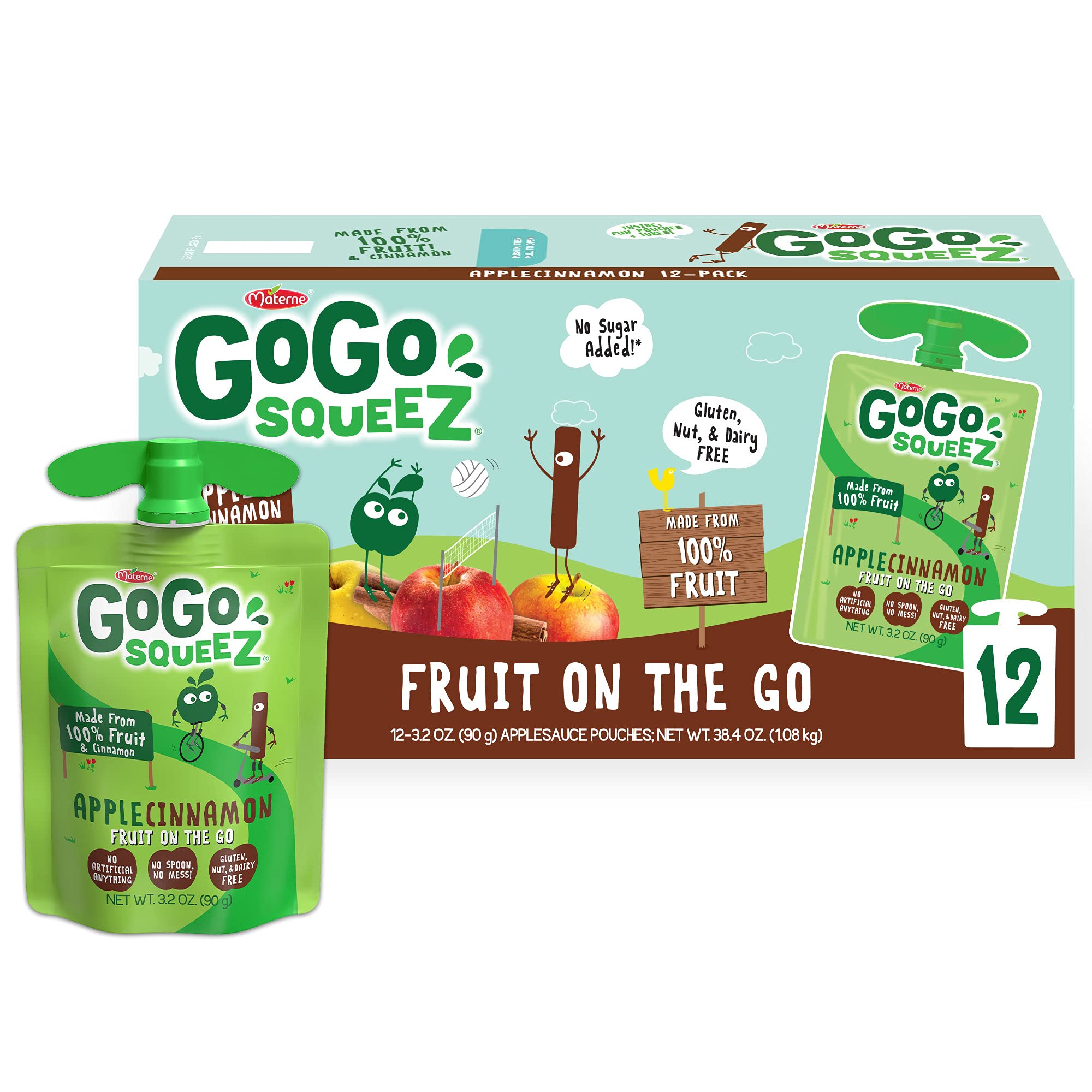 GoGo squeeZ Fruit on the Go, Apple Cinnamon, 3.2 oz (Pack of 12), Unsweetened Fruit Snacks for Kids, Gluten Free, Nut Free and Dairy Free, Recloseable Cap, BPA Free Pouches Apple Cinnamon 3.2 Ounce (Pack of 12)