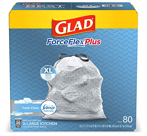 Book Cover GLAD ForceFlexPlus XL X-Large Kitchen Drawstring Trash Bags, 20 Gallon Grey Trash Bag for Large Kitchen Trash Can, Fresh Clean with Febreze Freshness and Leak Protection, 80 Count (Package May Vary)
