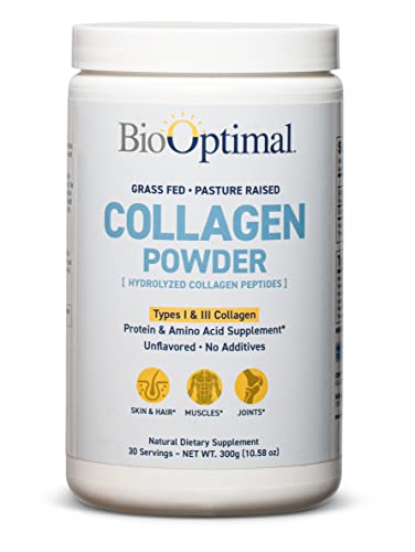 Book Cover BioOptimal Collagen Powder, Collagen Peptides, Grass Fed, Non-GMO Premium Quality Hydrolyzed Collagen Protein, Pasture Raised, Dissolves Easily, 300 Grams, Packaging May Vary