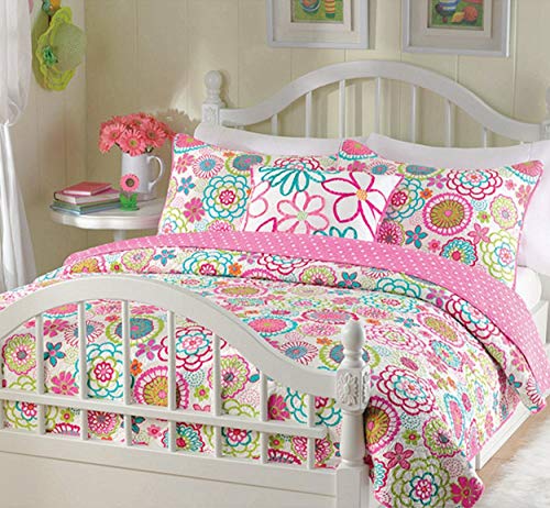 Book Cover Cozy Line Home Fashions Mariah Pink Polka Dot Colorful Reversible Quilt Bedding Set, Coverlet, Bedspreads (Queen - 3 Piece: 1 Quilt + 2 Standard Shams)