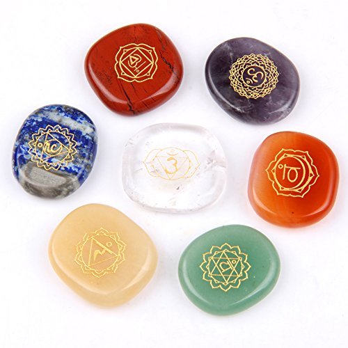 Book Cover Chakra Stones-Reiki Healing Crystal With Engraved Chakra Symbols Holistic Balancing Polished Palm Stones Set of 7