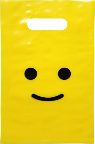 L LIFETIME Smile! Yellow Party Favors Bags Super Strong 24 Pack Loot Birthday Emoji Treat Plastic Bag, 9 x 6 inch - Birthday Gift Bag for Kids Boys and Girls - Plastic Gift Bags with Handles