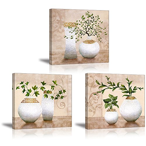 Book Cover 3 Piece Wall Art for Bathroom/Hallway, SZ HD Elegant Canvas Painting Prints of Green Spring Plants in Vases on Beige/Tan Picture (Waterproof Decor, Ready to Hang, 12x12 x3)