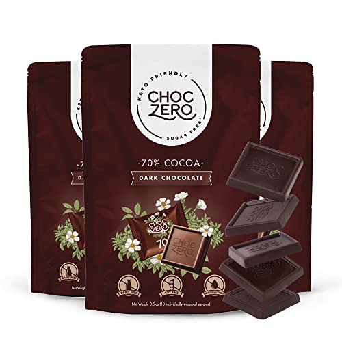 Book Cover ChocZero 70% Dark Chocolate, Sugar free, Low Carb, No Sugar Alcohol, No Artificial Sweetener, All Natural, Non-GMO - (3 Bags, 30 pieces)