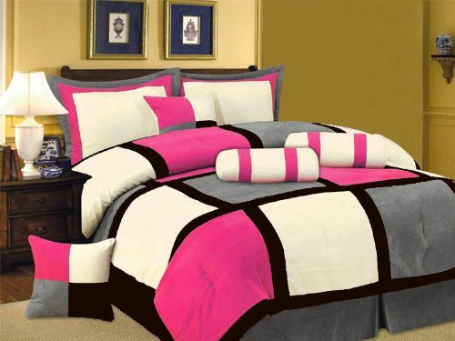 Grand Linen Oversize Hot Pink/Black / Grey Comforter Set Micro Suede Patchwork Bed In A Bag QUEEN Size Bedding