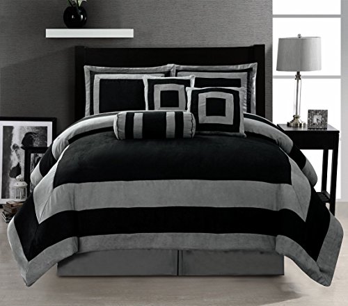 Book Cover Grand Linen Oversize Black/Grey Comforter Set Micro Suede Patchwork Bed In A Bag (California) CAL KING Size Bedding