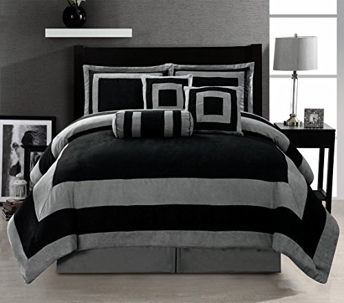 Grand Linen Oversize Black/Grey Comforter Set Micro Suede Patchwork Bed In A Bag (California) CAL KING Size Bedding