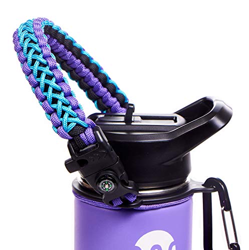 Book Cover WaterFit Paracord Carrier Strap Cord with Safety Ring and Carabiner for 12-Ounce to 64-Ounce Wide Mouth Water Bottles, PurpleBlue/Compass+FireStarter