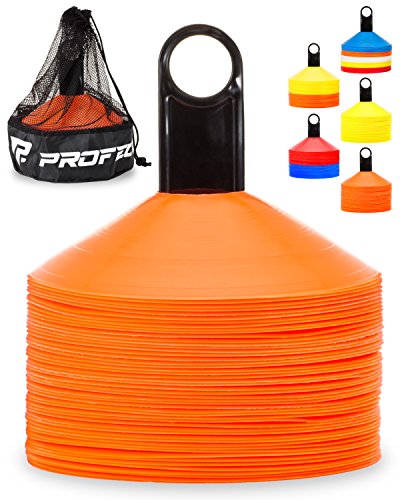 Pro Disc Cones (Set of 50) - Agility Soccer Cones with Carry Bag and Holder for Training, Football, Kids, Sports, Field Cone Markers - Includes Top 15 Drills eBook (Bright Orange)