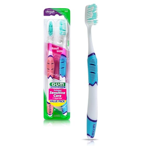 GUM - 516VP Technique Sensitive Care Toothbrush with Quad-Grip Handle, Full Ultra Soft Bristles, Twin Pack
