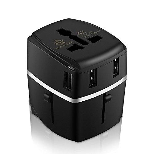 Bonazza Universal International Travel Adapter Kit with 4Amps 4 USB Ports - UK, US, AU, Europe All in One Plug Adapter - Over 150 Countries & USB Power Adapter for iPhone, Android, All USB Devices