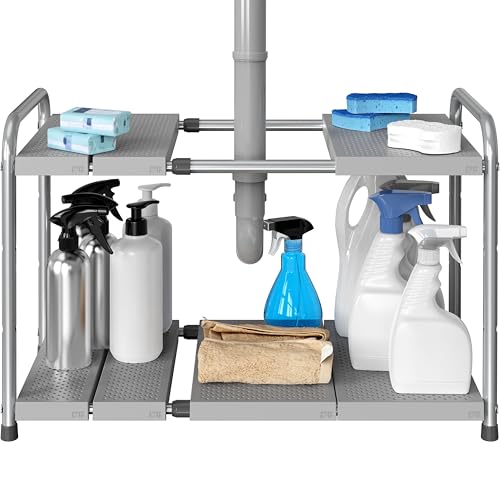 Simple Houseware Under Sink 2-Tier Heavy Duty Expandable Rack Organizer, Adjustable Width 15.75–25 Inches with 4 Shelf Height Levels, Silver