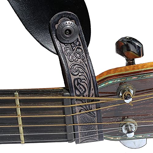 Walker & Williams AT-2 Black Carving Leather Acoustic Guitar Strap Button Headstock Adaptor
