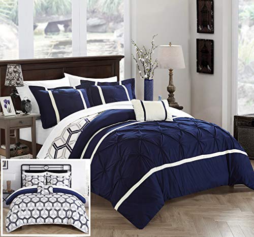 Book Cover Chic Home Marcia 4 Piece Comforter Set Printed Pinch Pleated Ruffled and Reversible Geometric Design with Decorative Pillow and Sham, Full/Queen, Navy