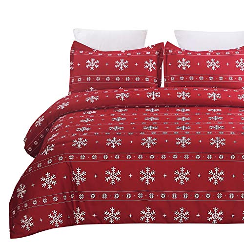 Vaulia Lightweight Microfiber Duvet Cover Set, Snowflake Pattern Design for Christmas New Year Holidays, Red Color - King Size