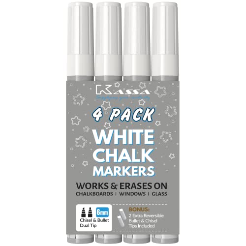 Kassa White Chalkboard Marker (4 Pack) - Liquid Chalk Markers for Blackboards - Chalkboard Pens Erases on Window, Blackboard, Mirror - Chalk Board Pen Includes Reversible Dual Tip