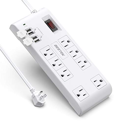 BESTEK 8-Outlet 12 Feet Extension Cord Power Strip with USB 15A 1875W Surge Protector with 5V 4.2A 4 USB Charging Port Desktop Charging Station,600Joule,Ultra-Compact Wide Spaced Outlet for Large Plug