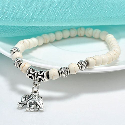 Book Cover White Turquoise 6MM Beads Tibet Silver Charm Elephant Pendant Elastic Bracelet