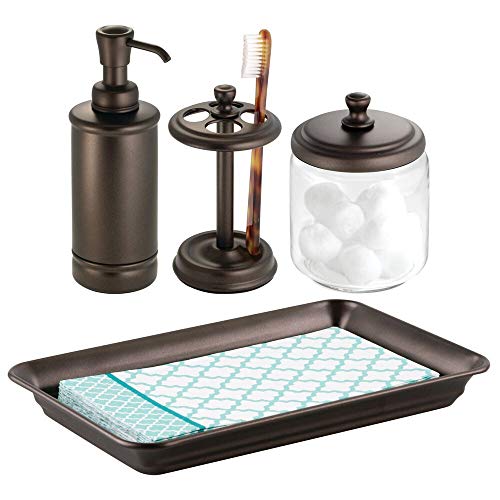 Book Cover mDesign Classic Bath Accessory Set for Bathroom Vanity Countertops and Sinks, Includes Glass Canister Jar, Toothbrush Holder, Soap Pump Dispenser and Vanity Tray, Set of 4 - Bronze
