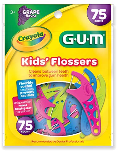 Book Cover GUM Crayola Kids' Flossers, Grape, Fluoride Coated, Ages 3+, 75 Count